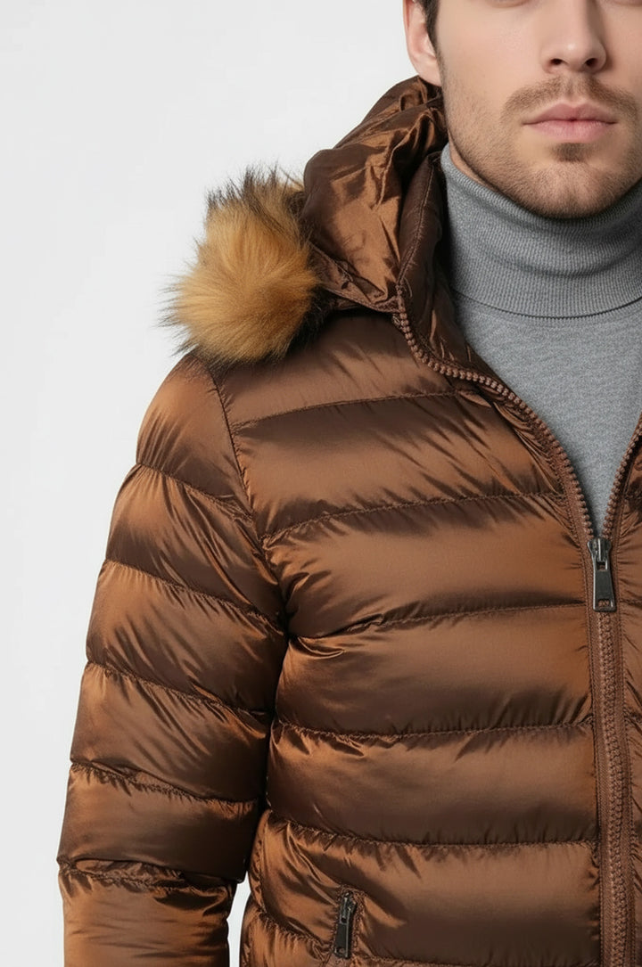 Fur Hooded Men's Puffer Coat in Tan | Wessi