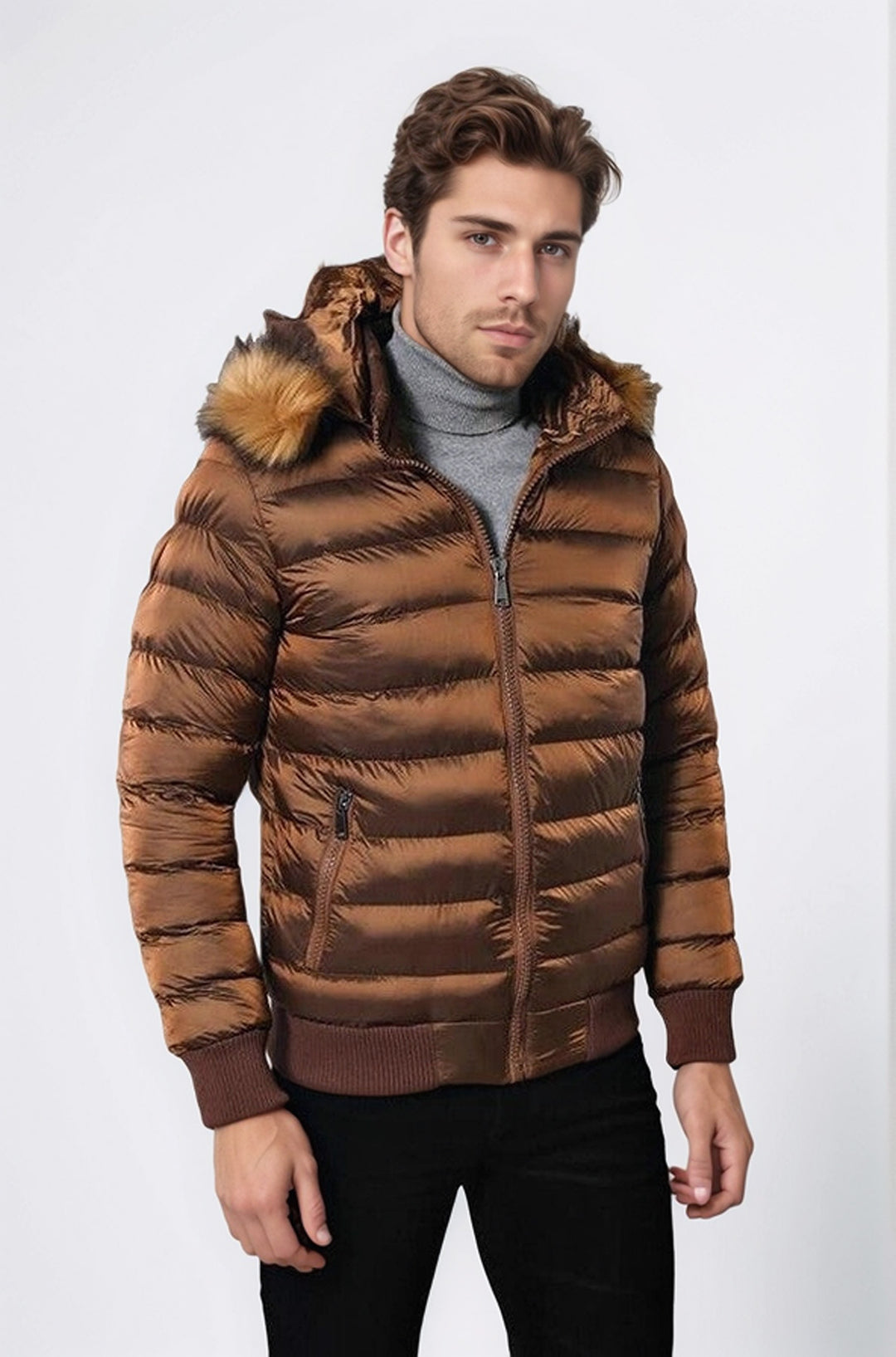 Fur Hooded Men's Puffer Coat in Tan | Wessi