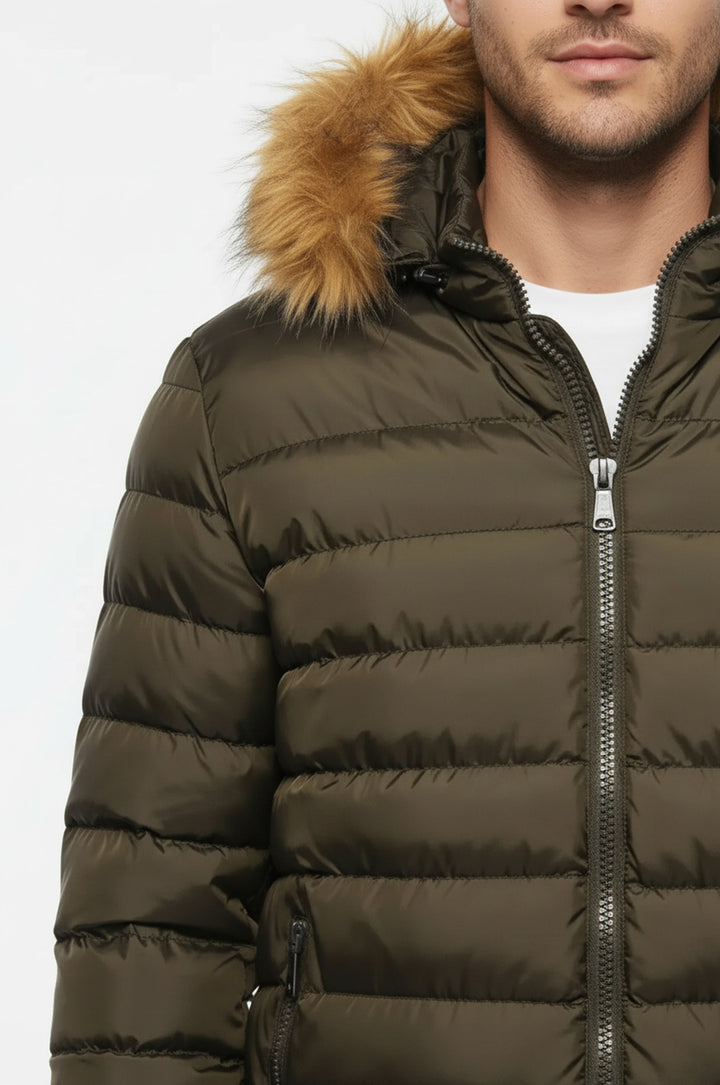 Haki Kürklü Kapüşonlu Erkek Şişme Mont - Wessi