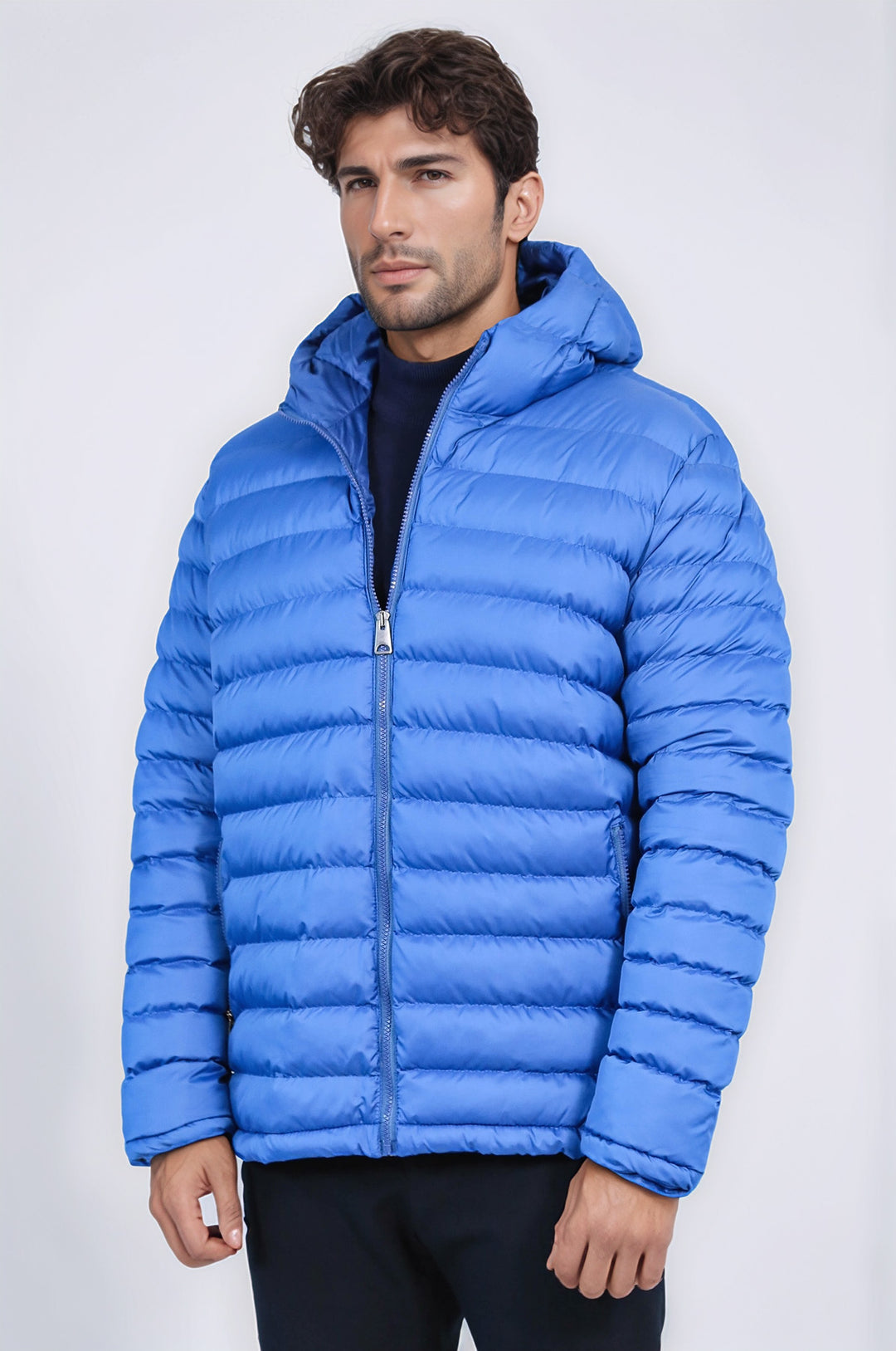 Quilted Hooded Puffer Blue Men's Coat - Wessi