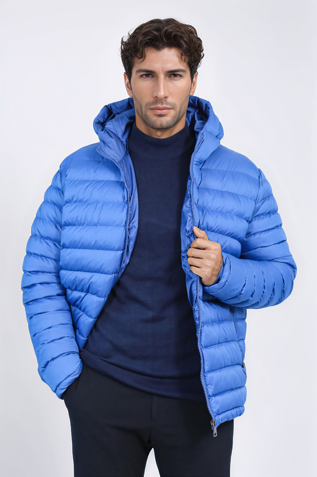 Quilted Hooded Puffer Blue Men's Coat - Wessi