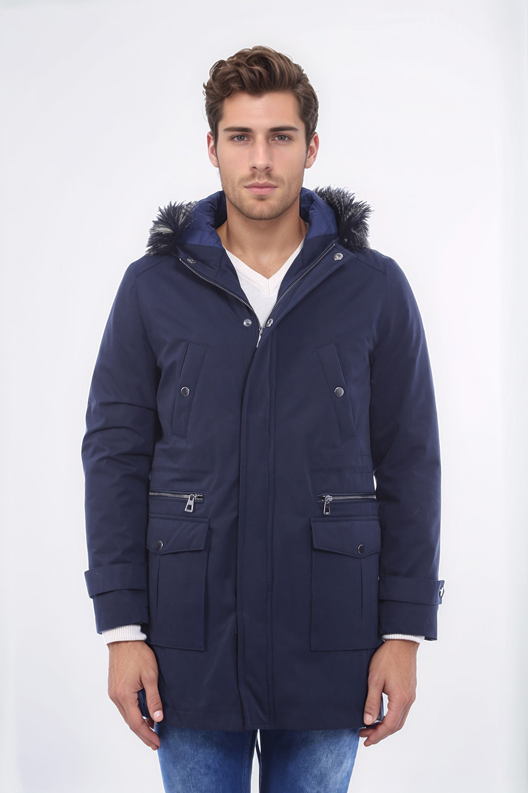 Abrigo de piel con capucha azul marino para hombre - Wessi