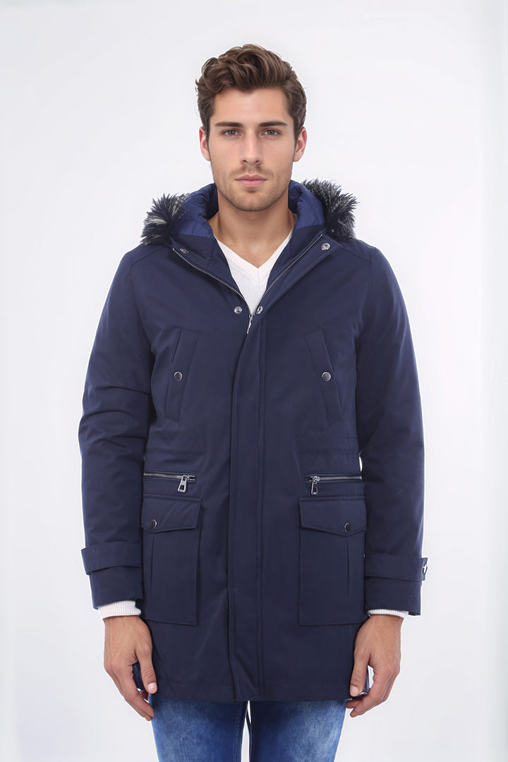 Abrigo de piel con capucha azul marino para hombre - Wessi