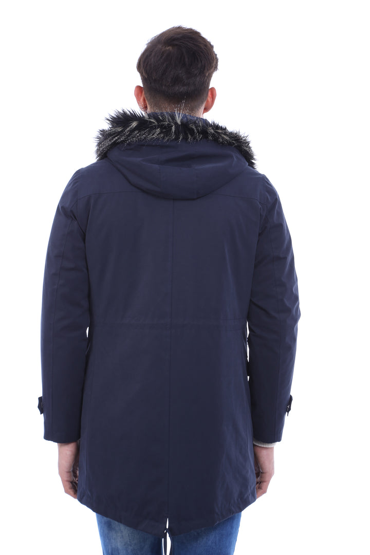 Fur Hooded Navy Blue Men Coat - Wessi