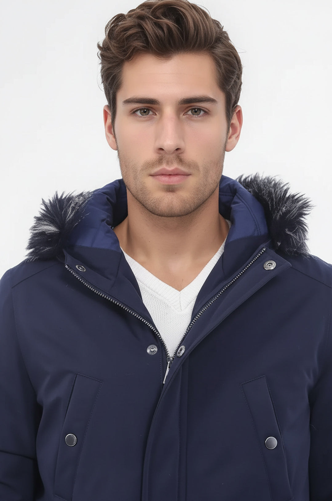 Abrigo de piel con capucha azul marino para hombre - Wessi