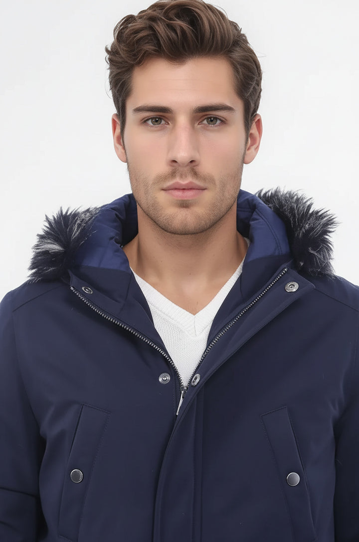 Abrigo de piel con capucha azul marino para hombre - Wessi