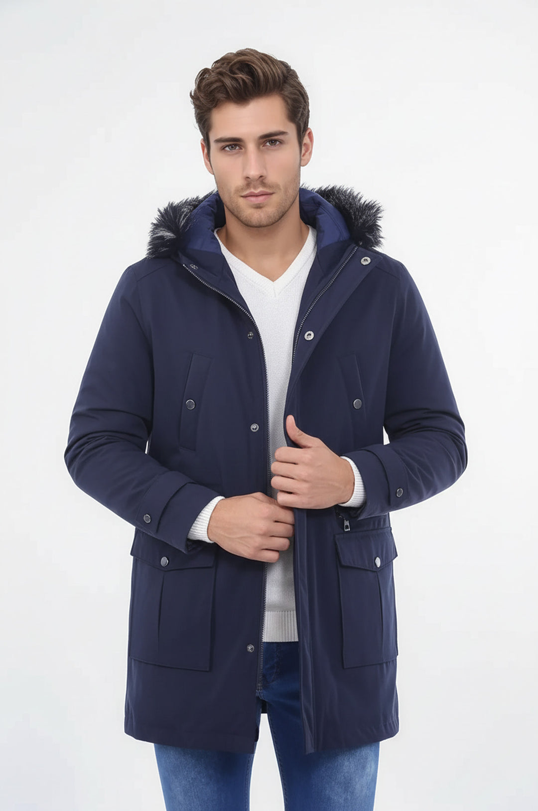Abrigo de piel con capucha azul marino para hombre - Wessi