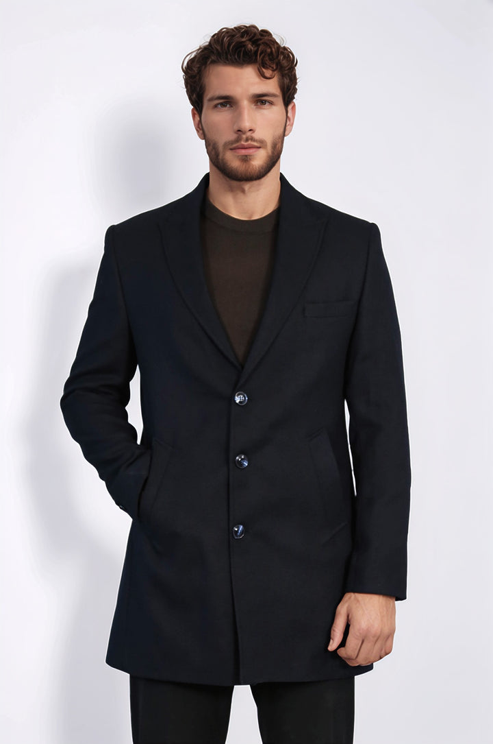 Cachet Slim Fit Wide Lapel Charcoal Men Coat - Wessi