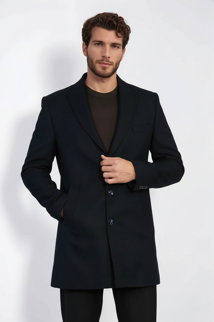 Cachet Slim Fit Wide Lapel Charcoal Men Coat - Wessi