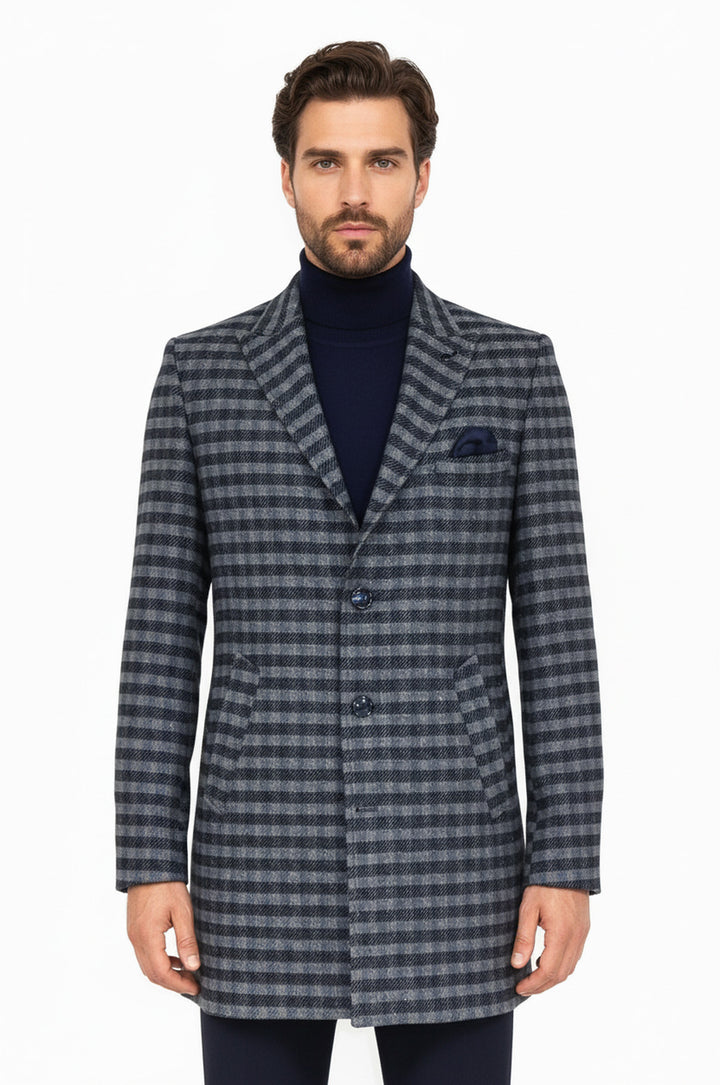 Cachet Plaid Wide Lapel Slim Fit Navy Blue Men Coat - Wessi