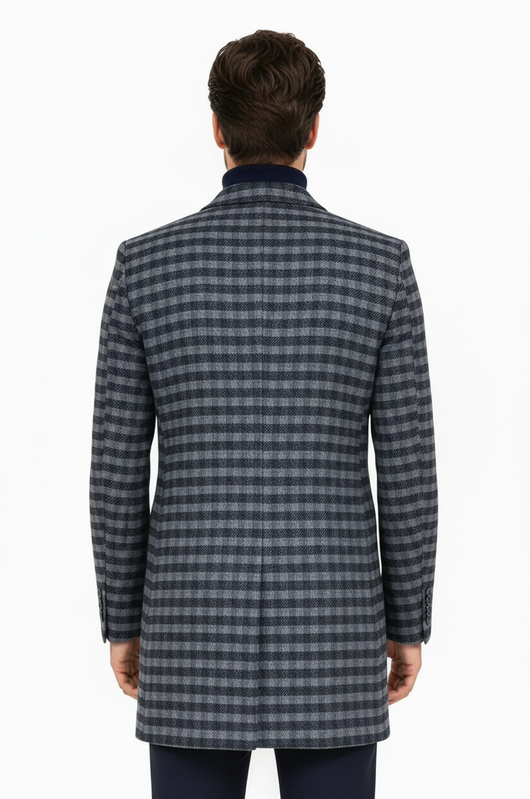 Cachet Plaid Wide Lapel Slim Fit Navy Blue Men Coat - Wessi