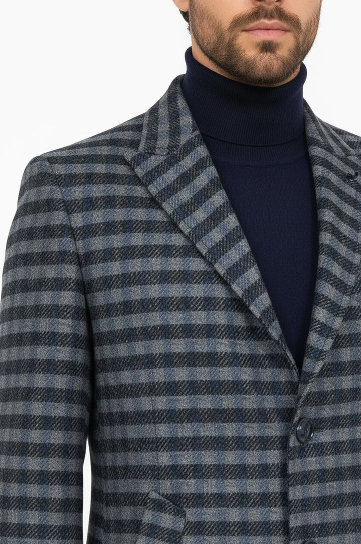 Cachet Plaid Wide Lapel Slim Fit Navy Blue Men Coat - Wessi