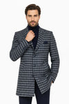 Cachet Plaid Wide Lapel Slim Fit Navy Blue Men Coat - Wessi