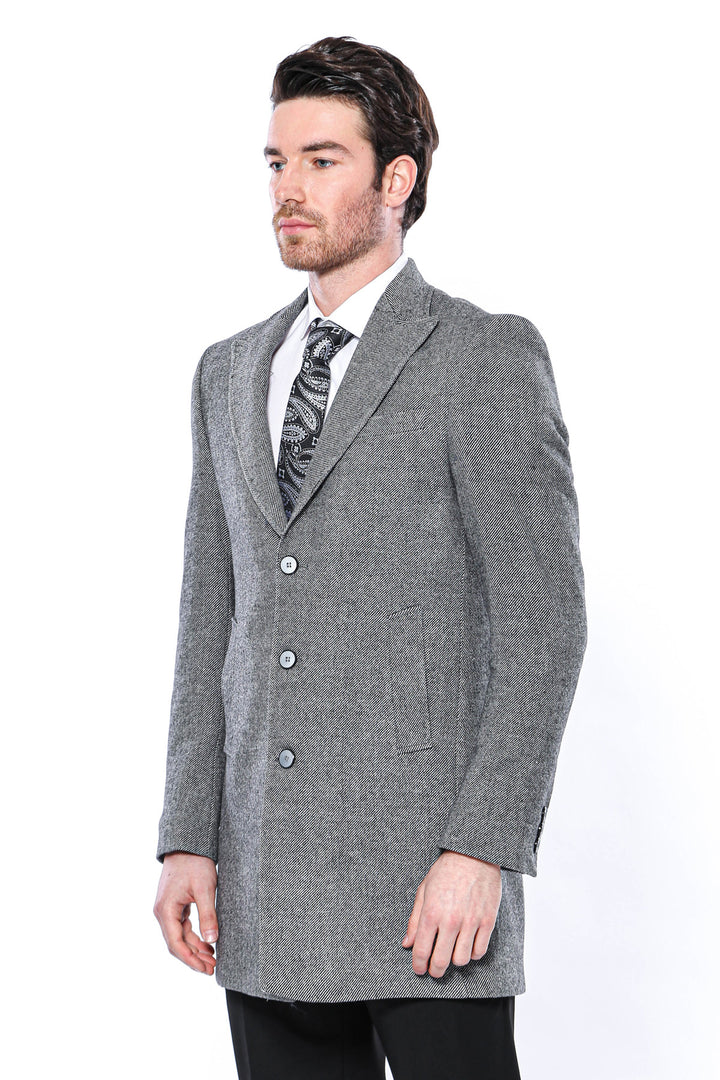 Cachet Peak Lapel Grey Men Long Coat - Wessi