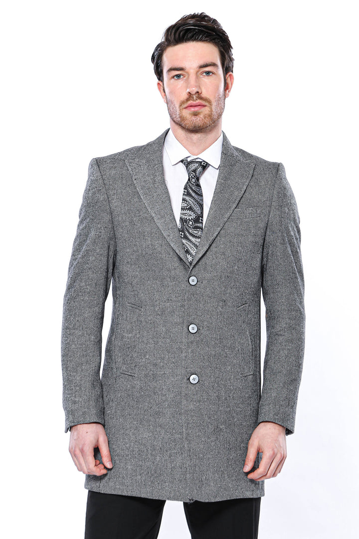 Cachet Peak Lapel Grey Men Long Coat - Wessi