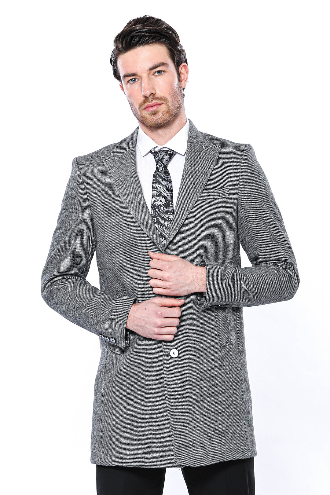 Cachet Peak Lapel Grey Men Long Coat - Wessi