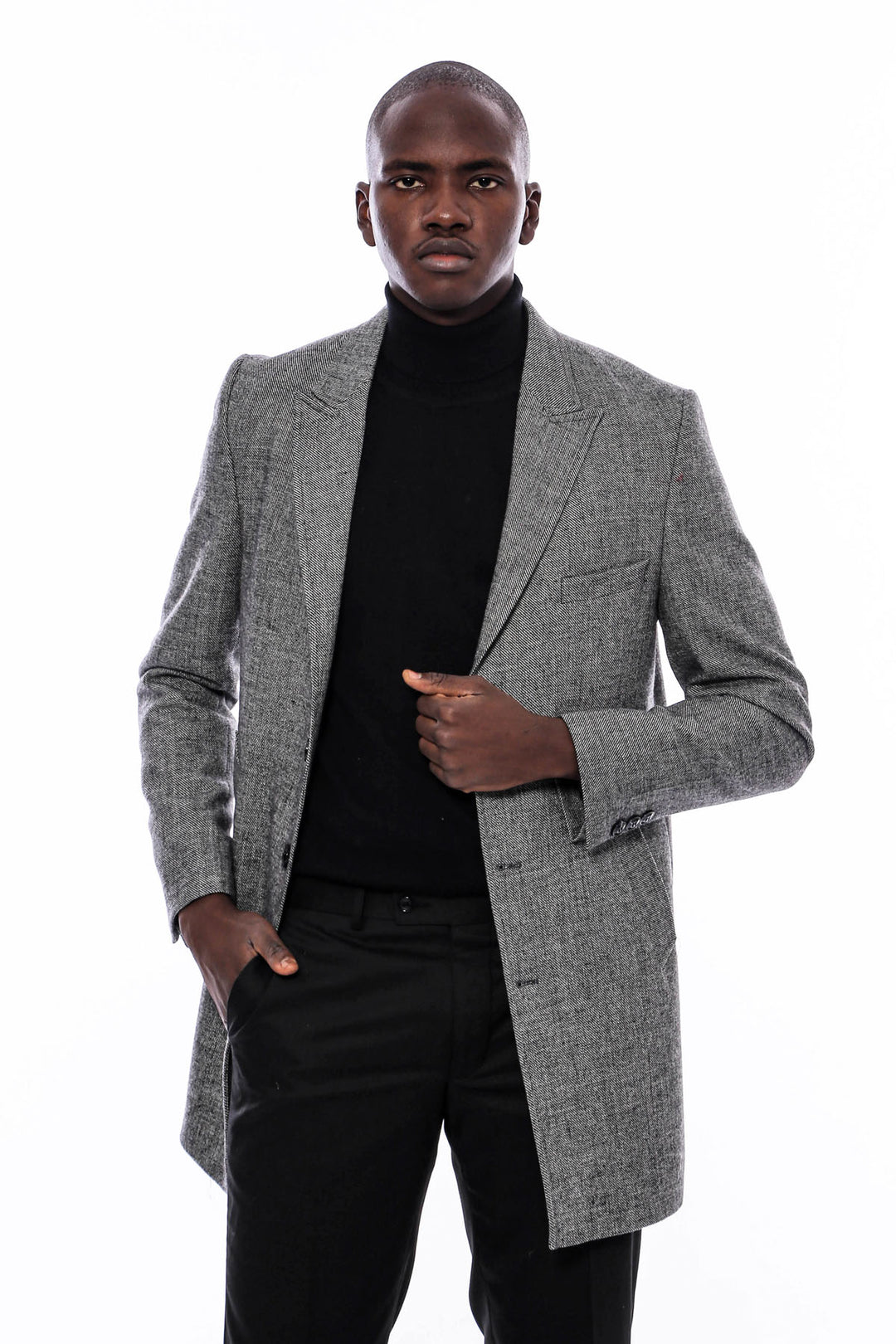 Peak Lapel Grey Men Short Coat - Wessi