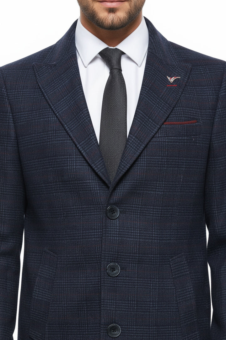 Wide Pointed Collar Blue Men Coat - Wessi