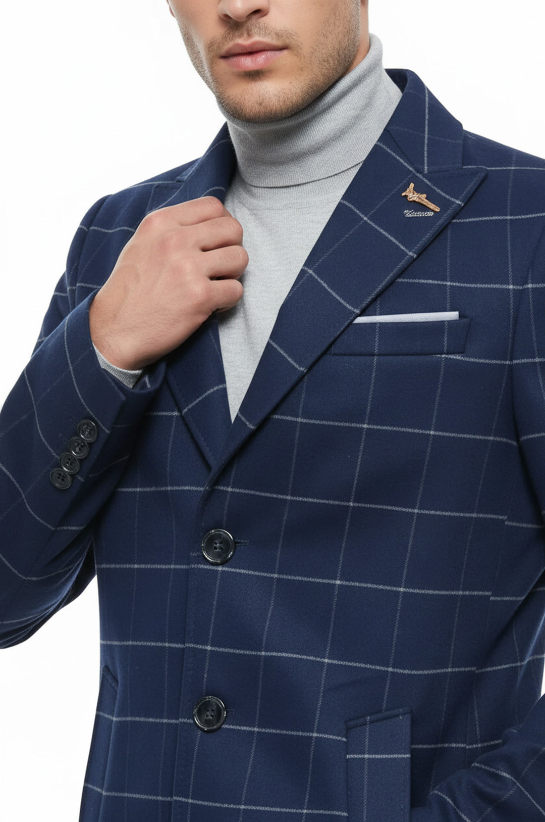 Geniş Uçlu Yaka İndigo Erkek Kaban - Wessi