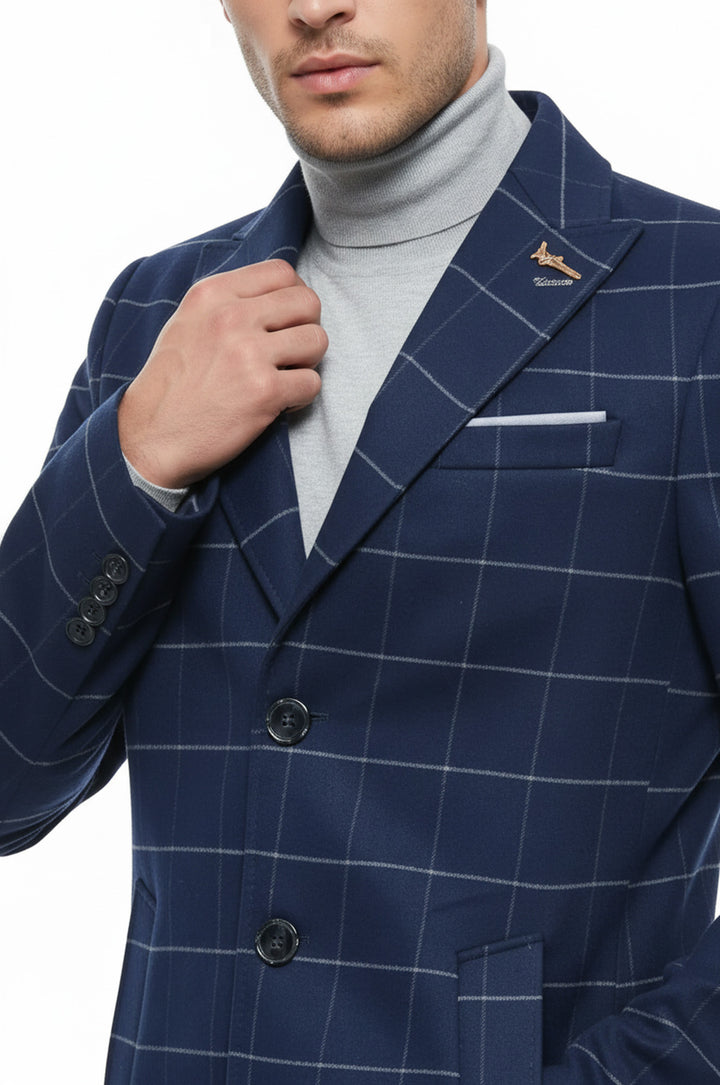 Geniş Uçlu Yaka İndigo Erkek Kaban - Wessi