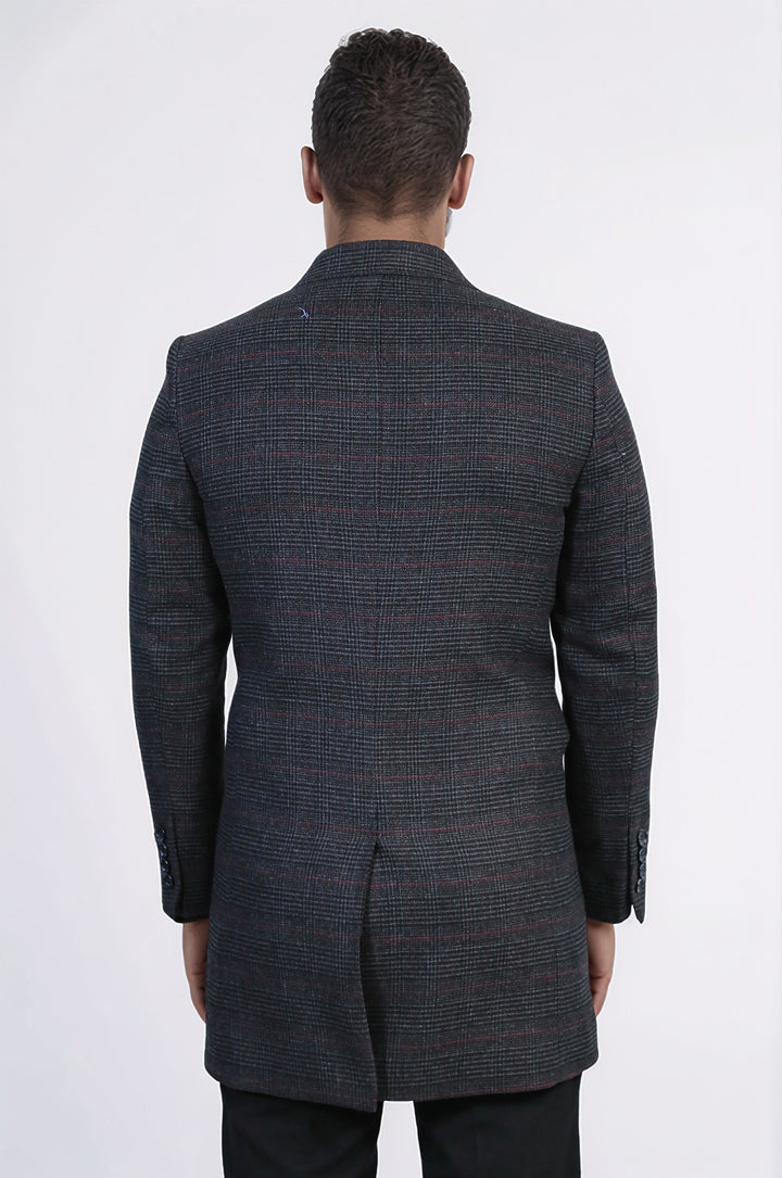 Wide Pointed Collar Anthracitic Plaid Coat - Wessi