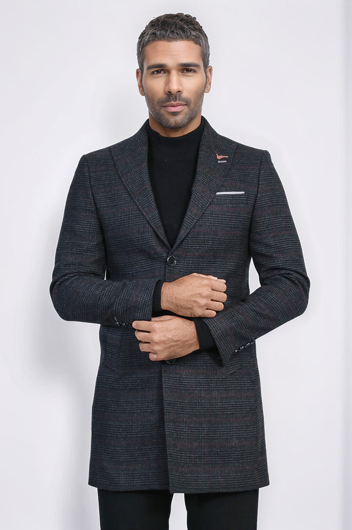 Wide Pointed Collar Anthracitic Plaid Coat - Wessi