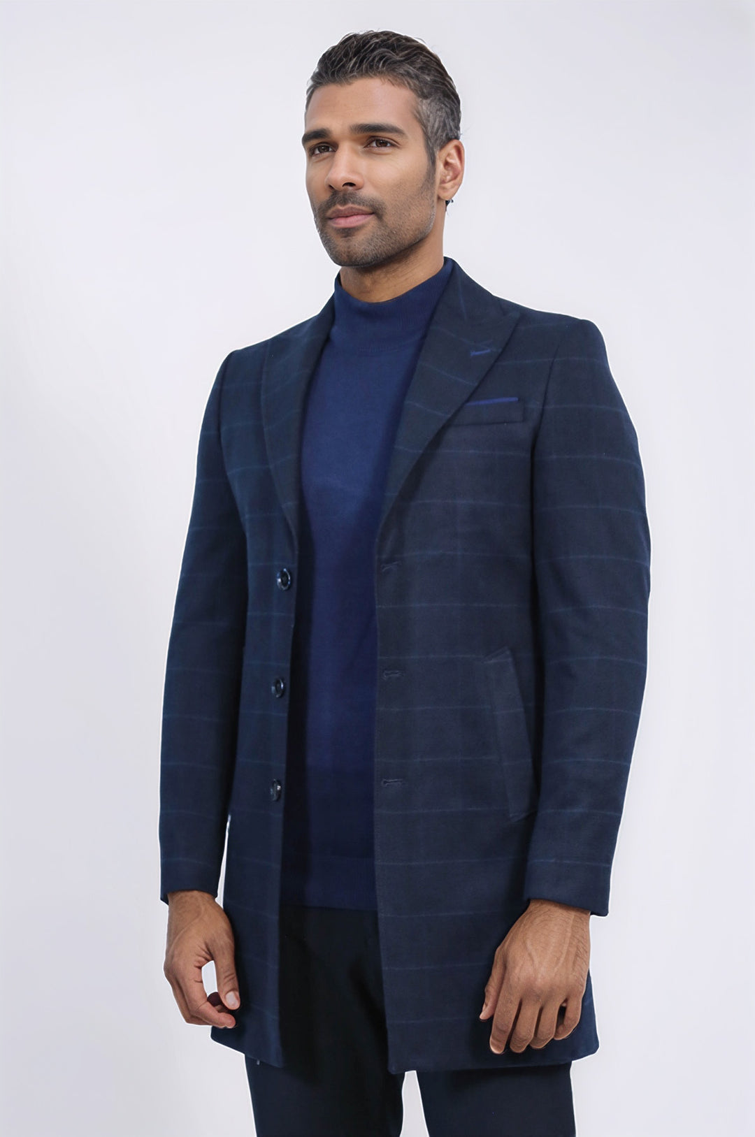 معطف منقوش بياقة مدببة واسعة باللون الأزرق الداكن - ويسي