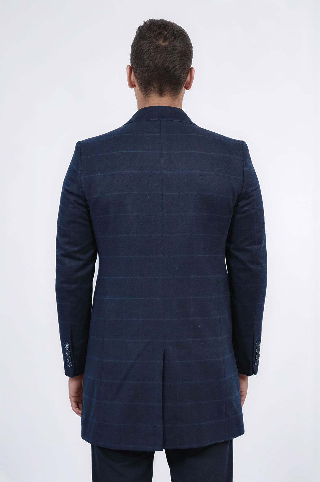 معطف منقوش بياقة مدببة واسعة باللون الأزرق الداكن - ويسي