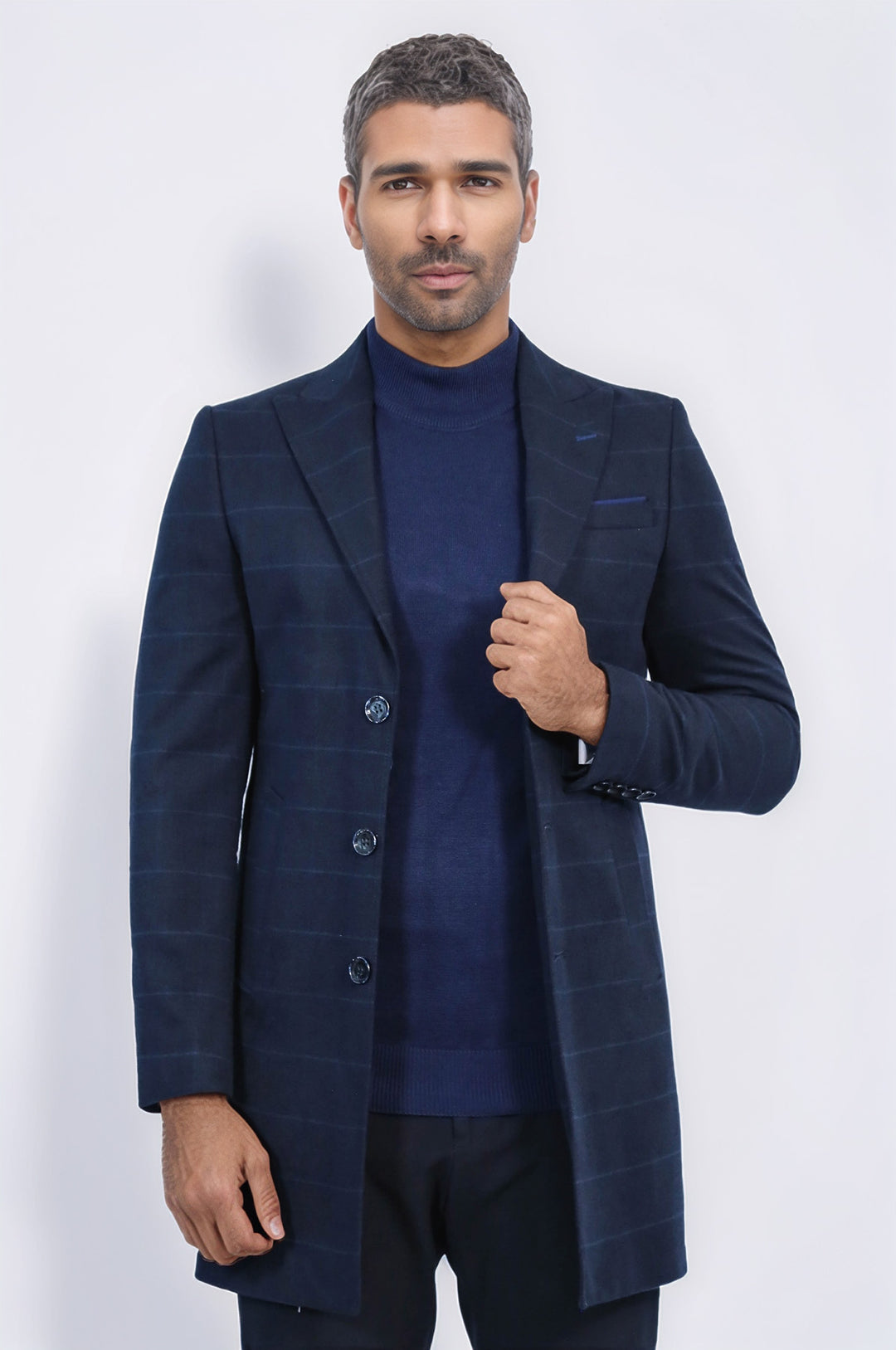 معطف منقوش بياقة مدببة واسعة باللون الأزرق الداكن - ويسي