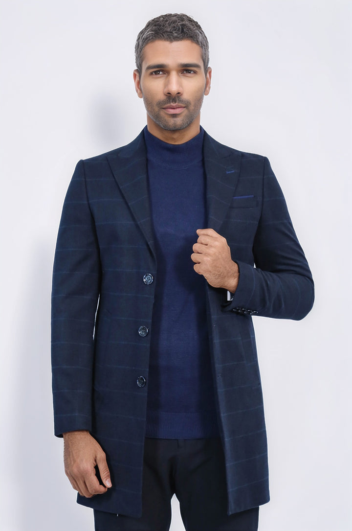 معطف منقوش بياقة مدببة واسعة باللون الأزرق الداكن - ويسي