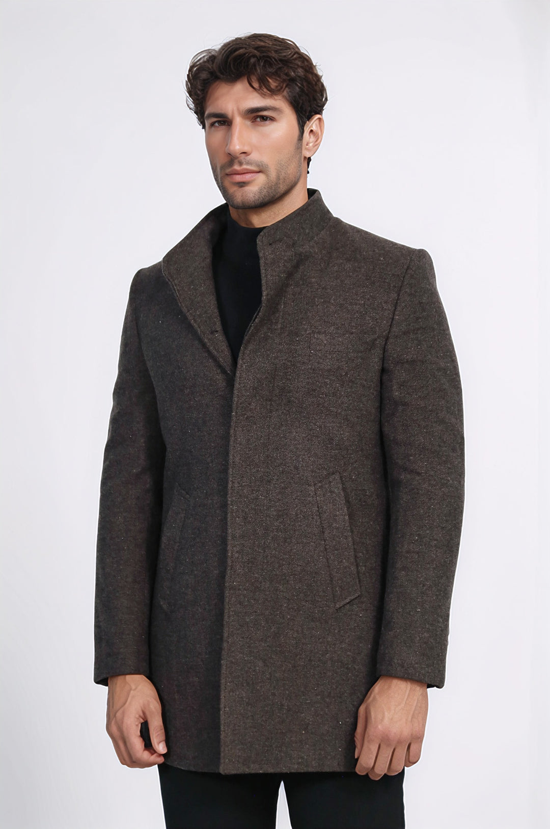 Mandarin Collar Brown Short Coat - Wessi