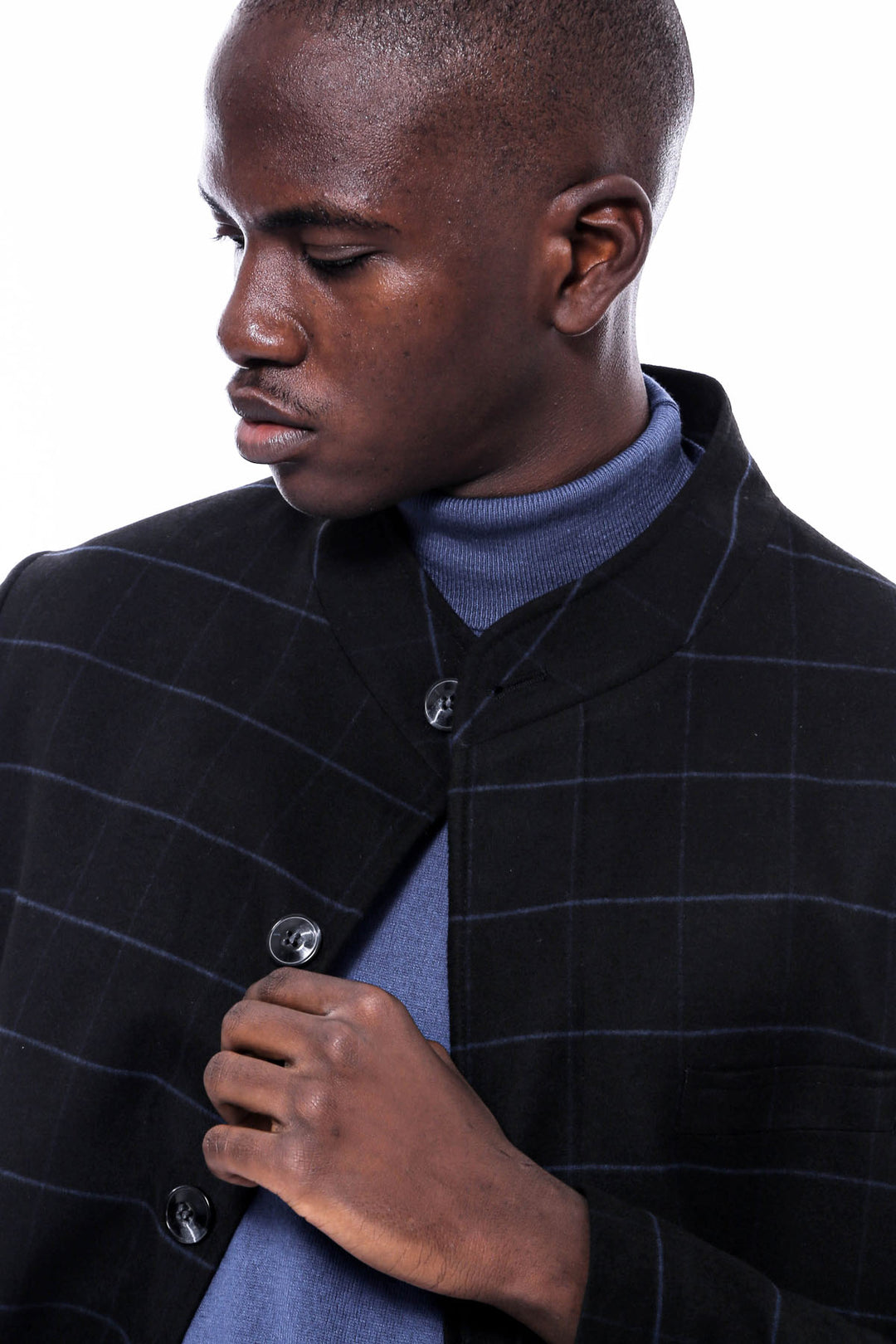 Mandarin Collar Black Checked Coat - Wessi