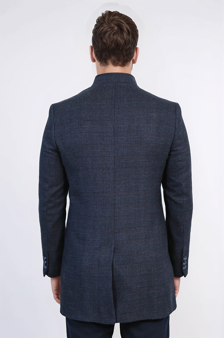 Dik Yaka Kareli Lacivert Erkek Ceket - Wessi