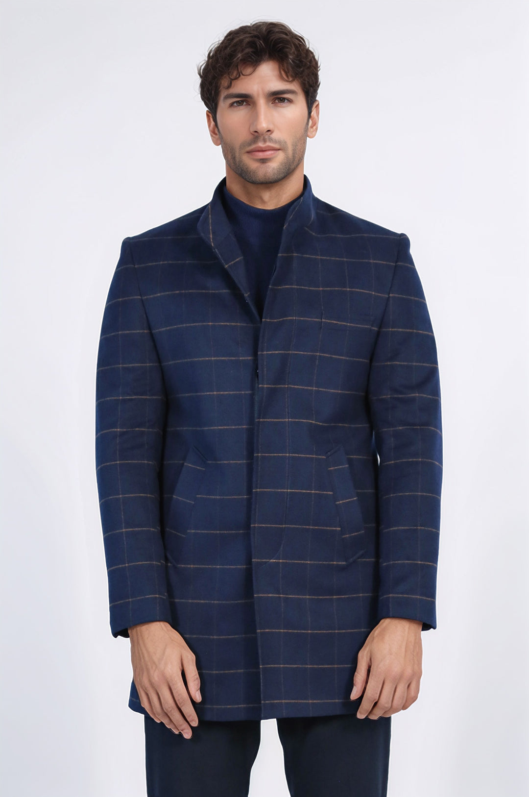 منقوشة الوقوف طوق معطف الرجال الأزرق الداكن - ويسي