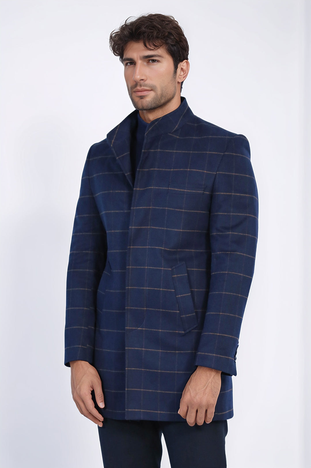 منقوشة الوقوف طوق معطف الرجال الأزرق الداكن - ويسي