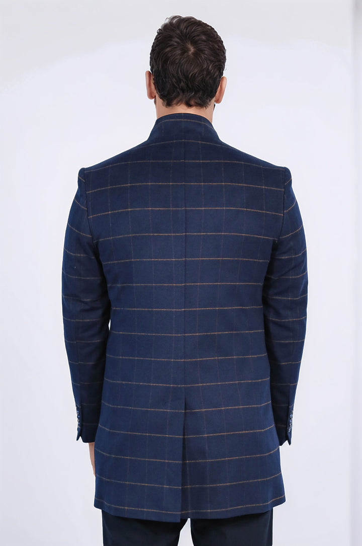 منقوشة الوقوف طوق معطف الرجال الأزرق الداكن - ويسي