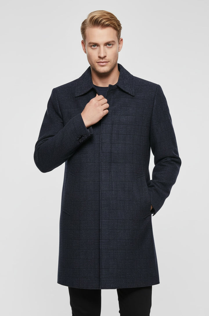 معطف طية صدر السترة بأزرار مخفية باللون الأزرق الداكن - ويسي