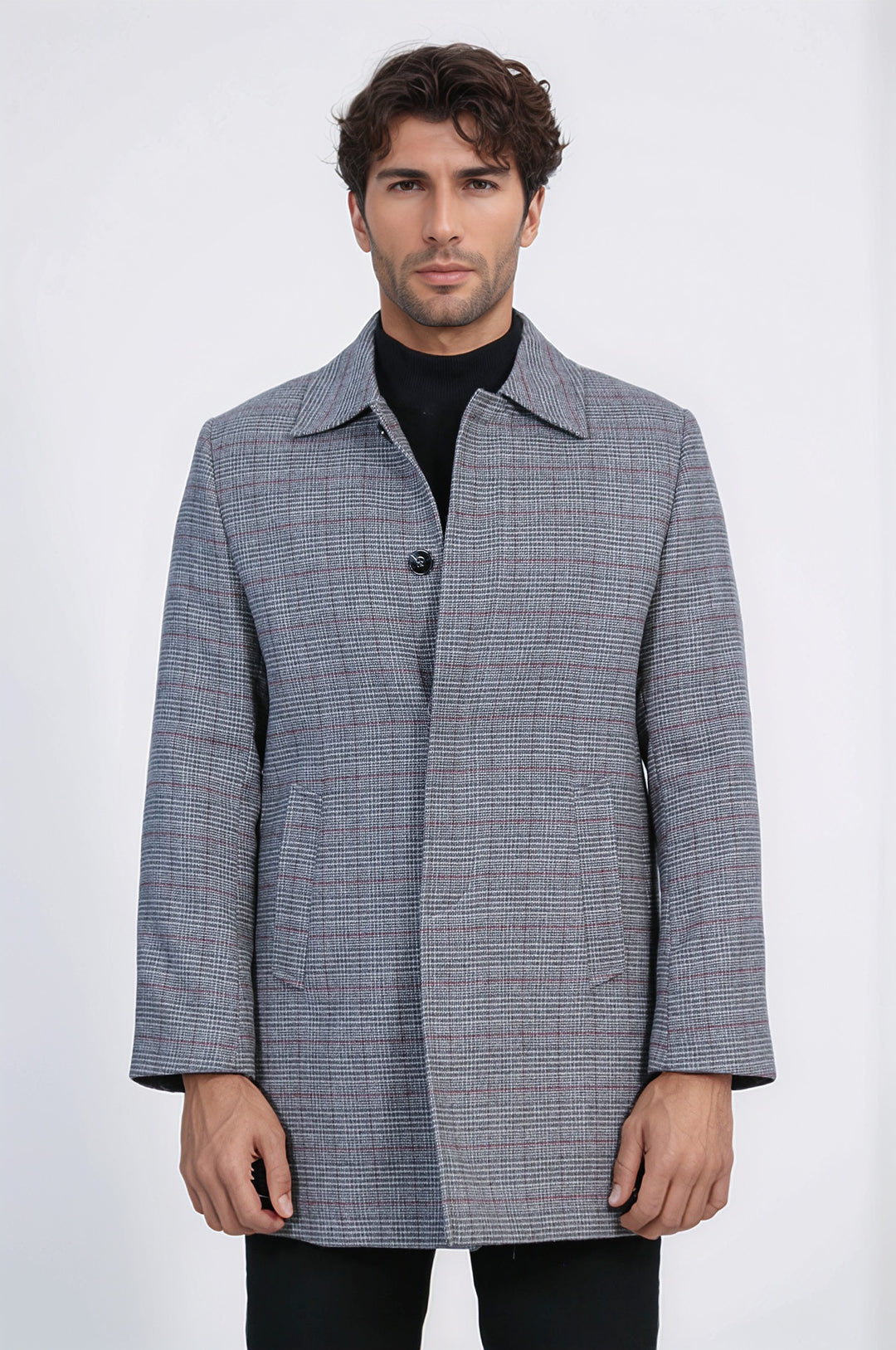 Gri Kareli Gizli Düğmeli Zirve Yaka Palto - Wessi