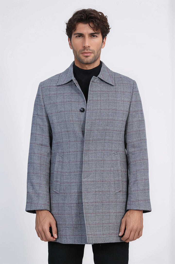 Gri Kareli Gizli Düğmeli Zirve Yaka Palto - Wessi