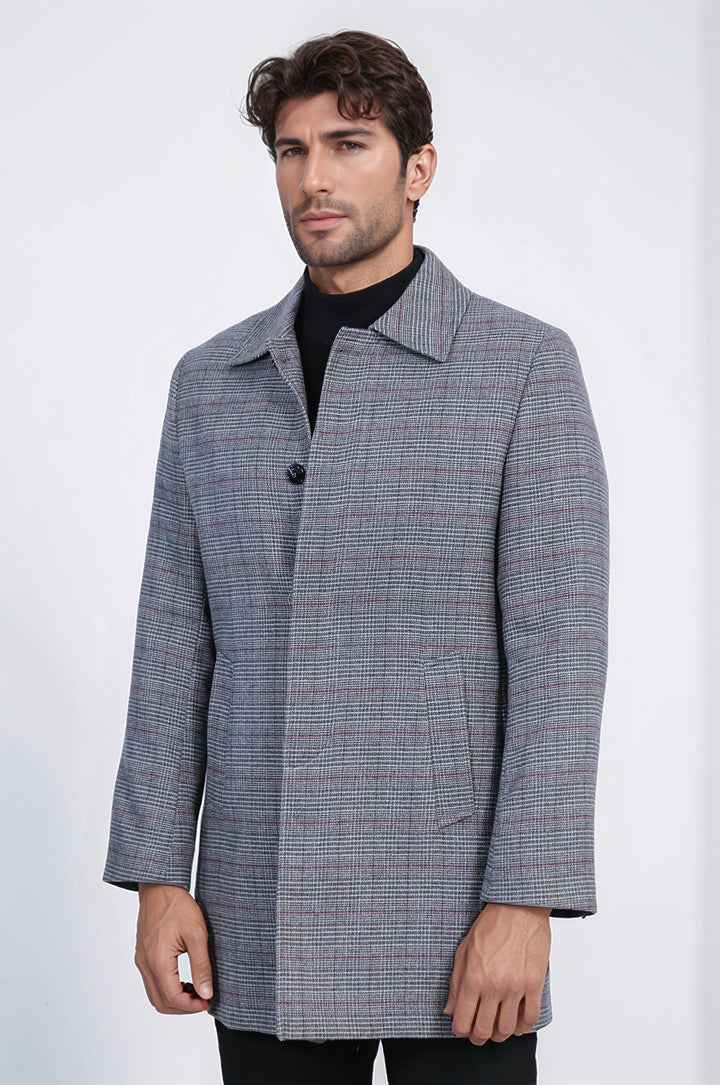 Gri Kareli Gizli Düğmeli Zirve Yaka Palto - Wessi