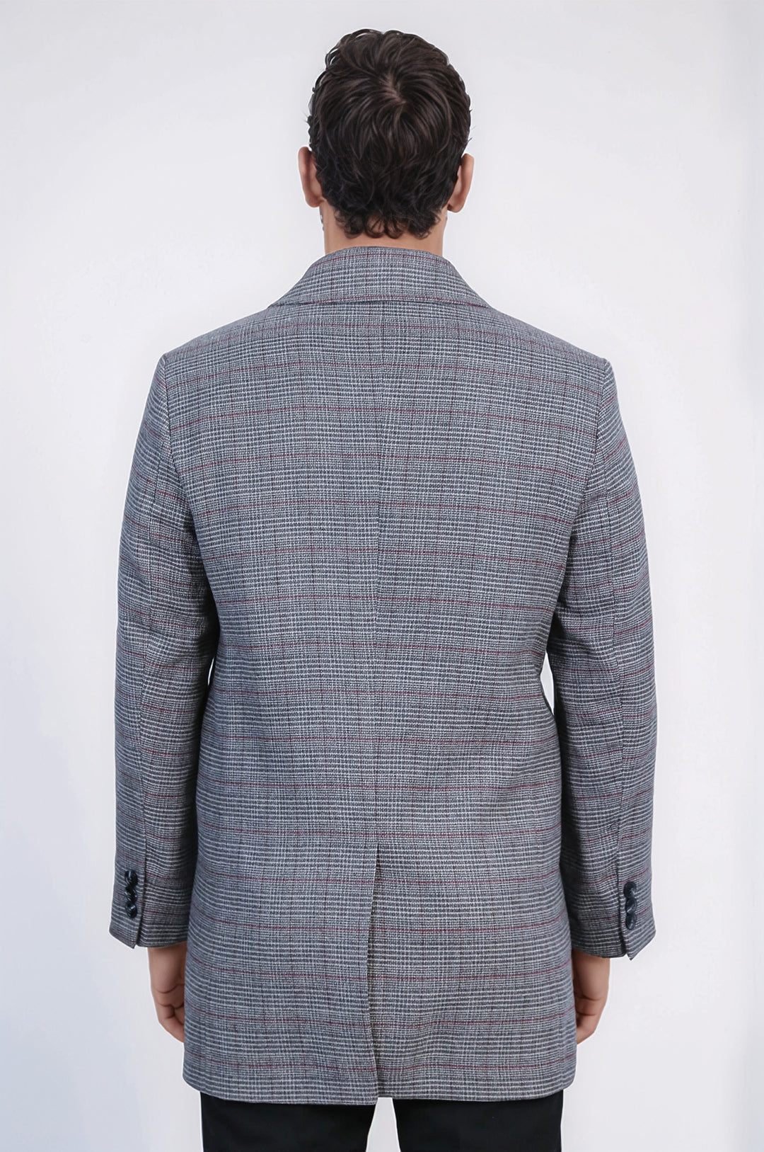 Gri Kareli Gizli Düğmeli Zirve Yaka Palto - Wessi