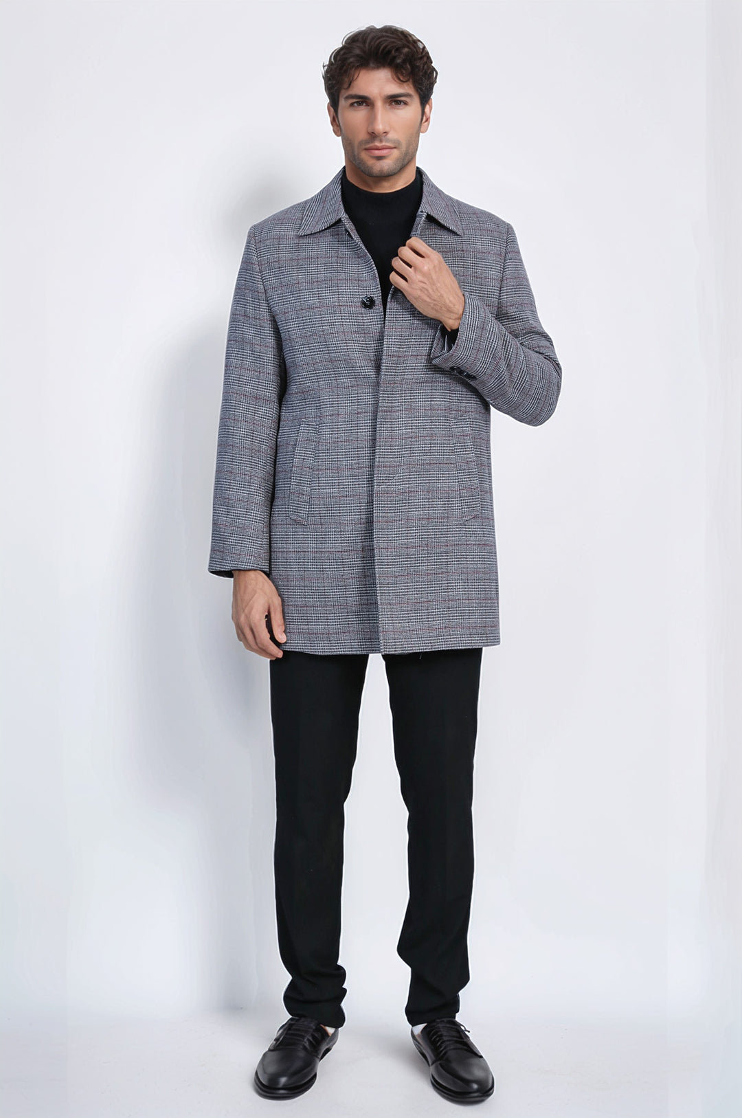 Gri Kareli Gizli Düğmeli Zirve Yaka Palto - Wessi