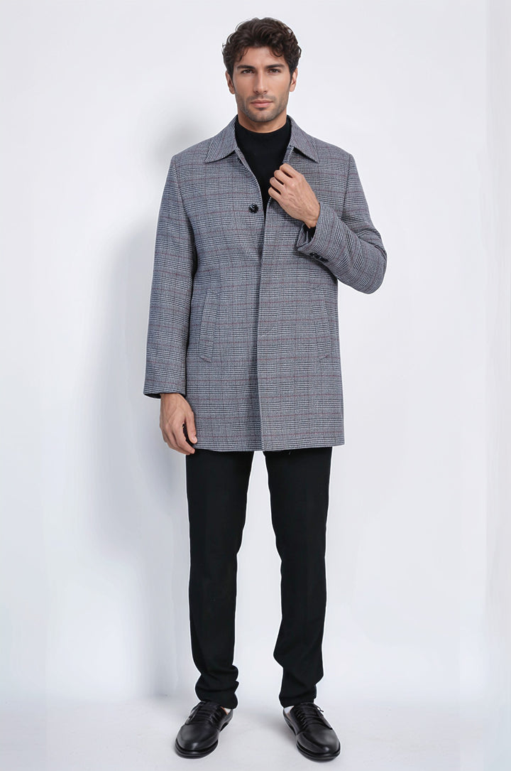 Gri Kareli Gizli Düğmeli Zirve Yaka Palto - Wessi