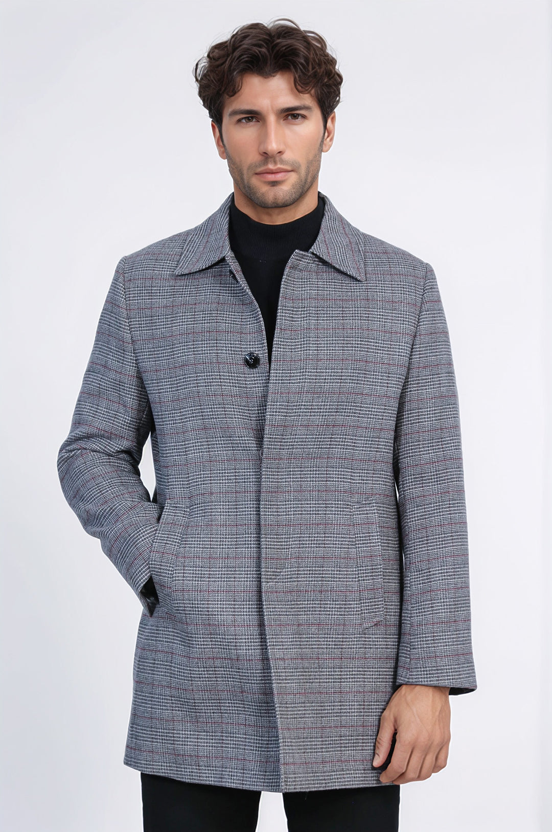 Gri Kareli Gizli Düğmeli Zirve Yaka Palto - Wessi