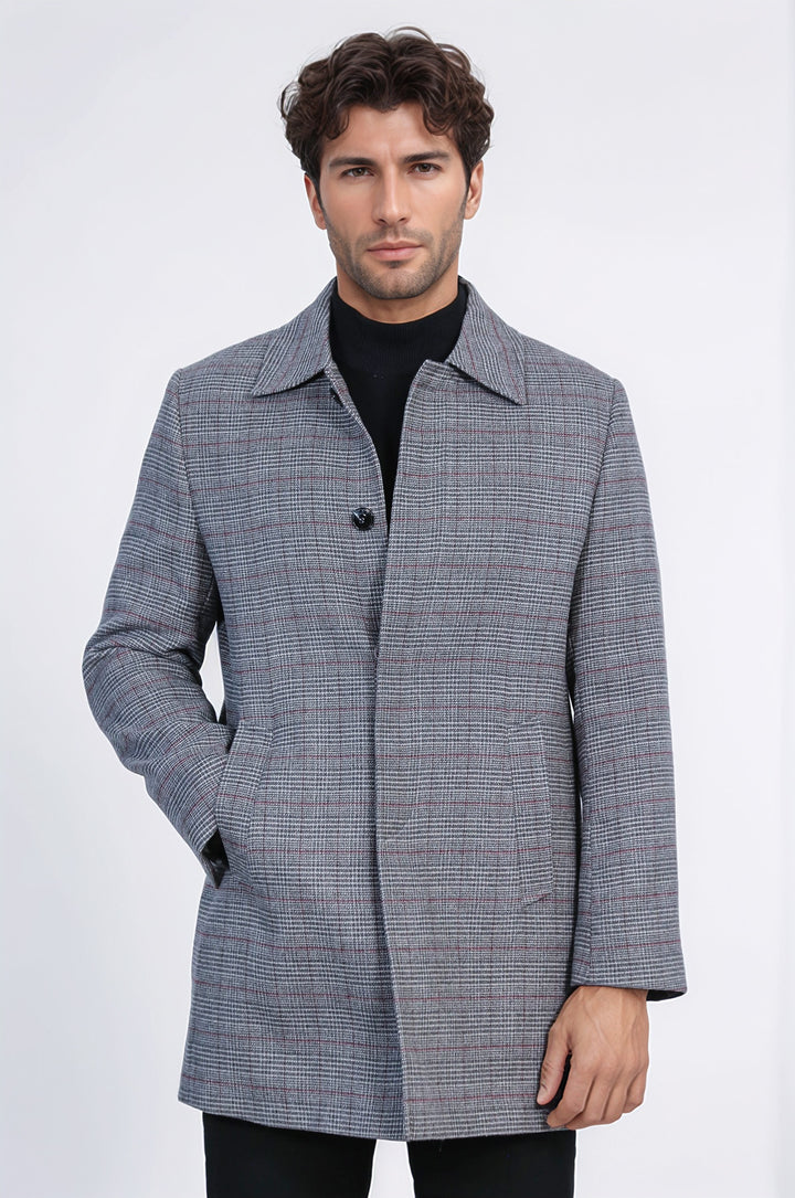 Gri Kareli Gizli Düğmeli Zirve Yaka Palto - Wessi