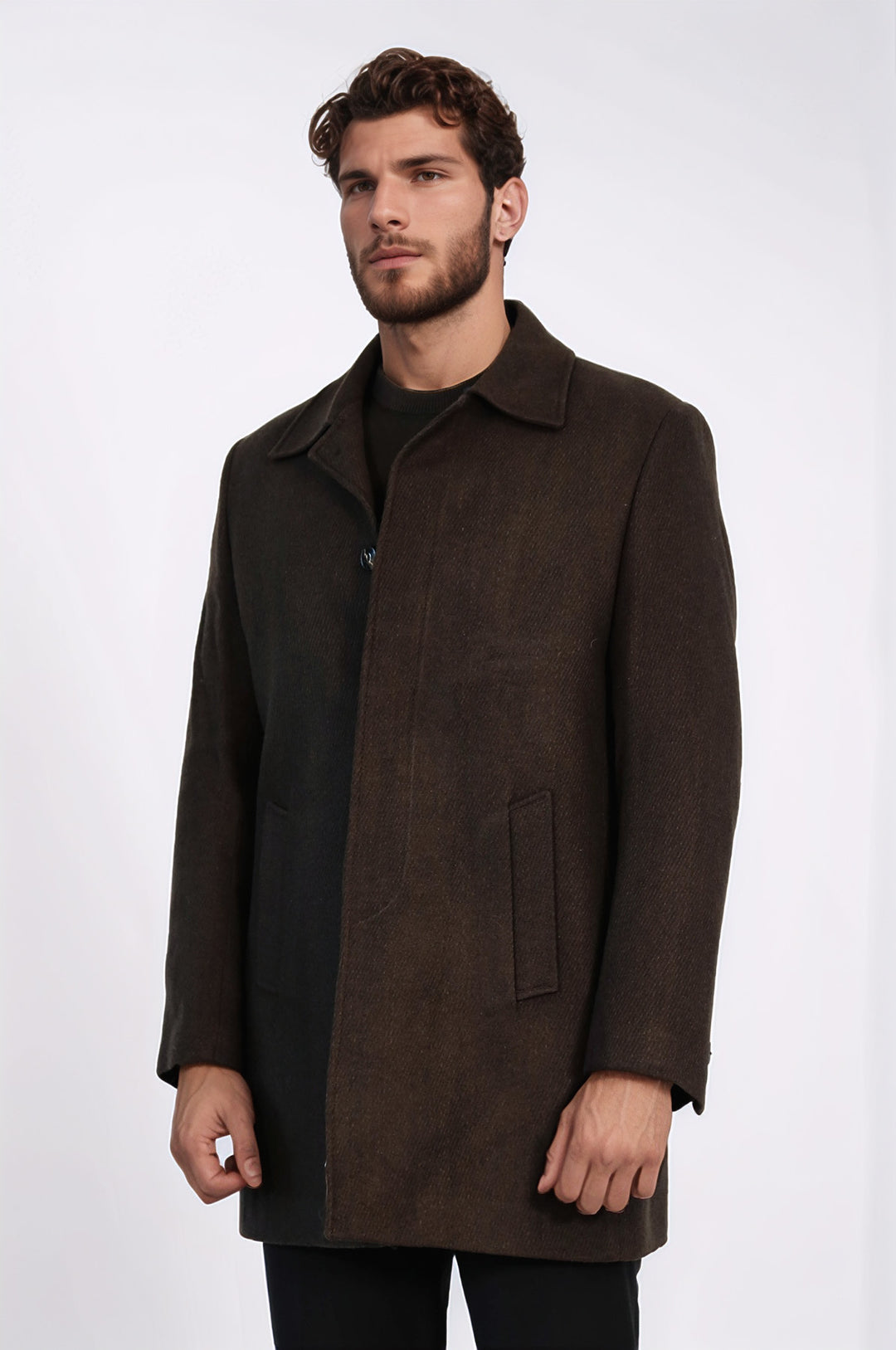 Kahverengi Gizli Düğmeli Pik Yaka Palto - Wessi