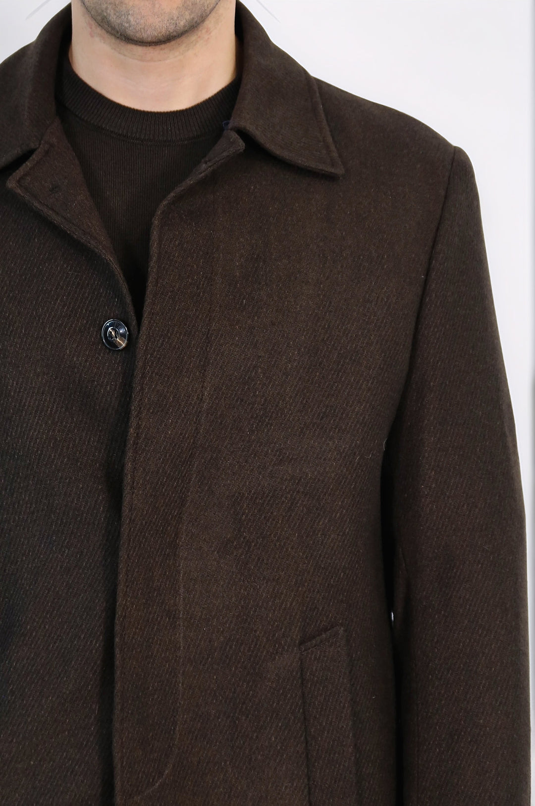 Kahverengi Gizli Düğmeli Pik Yaka Palto - Wessi