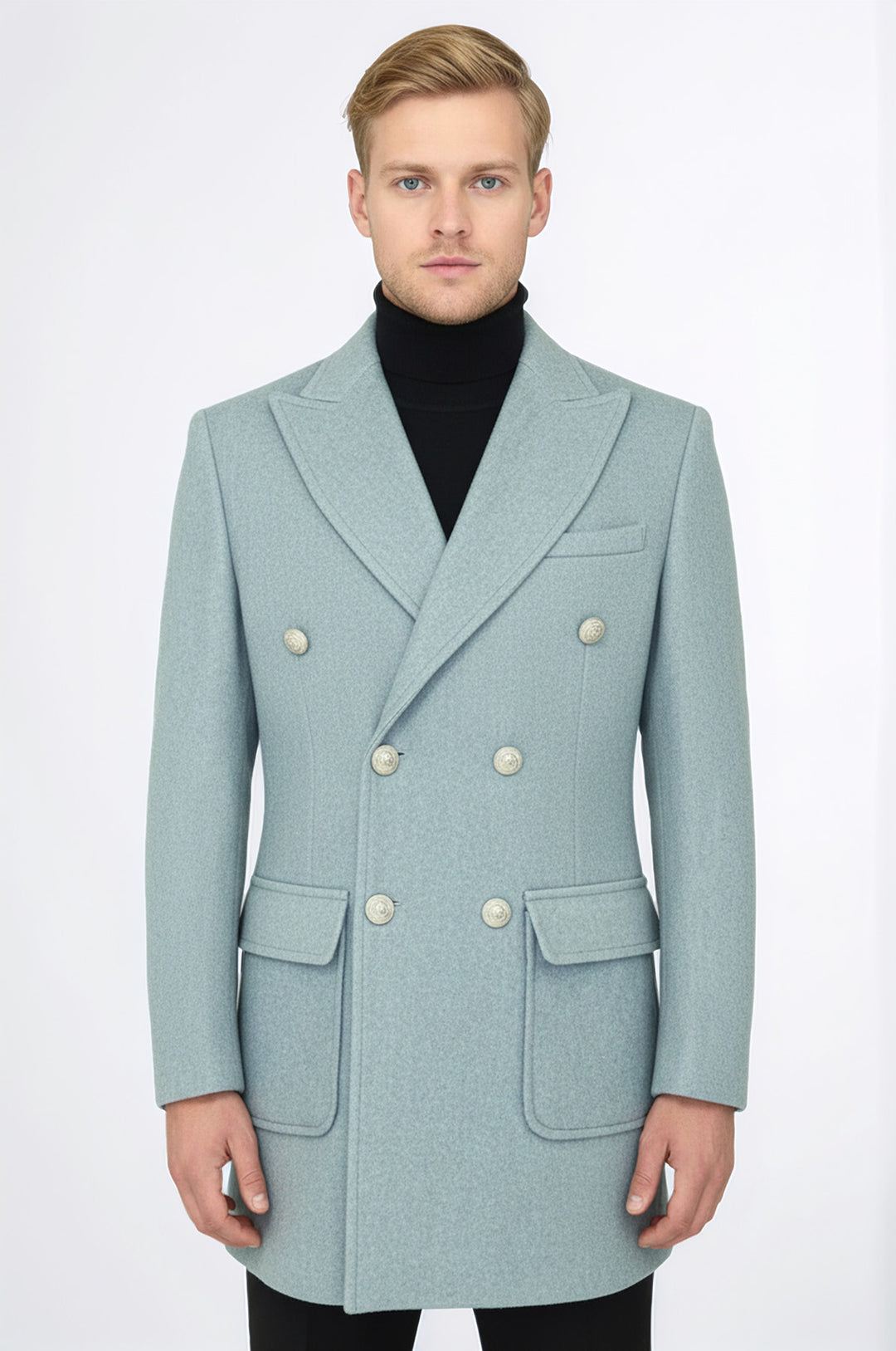 Metal Buttons Wool Cashmere Light Blue Men Double Breasted Coat - Wessi