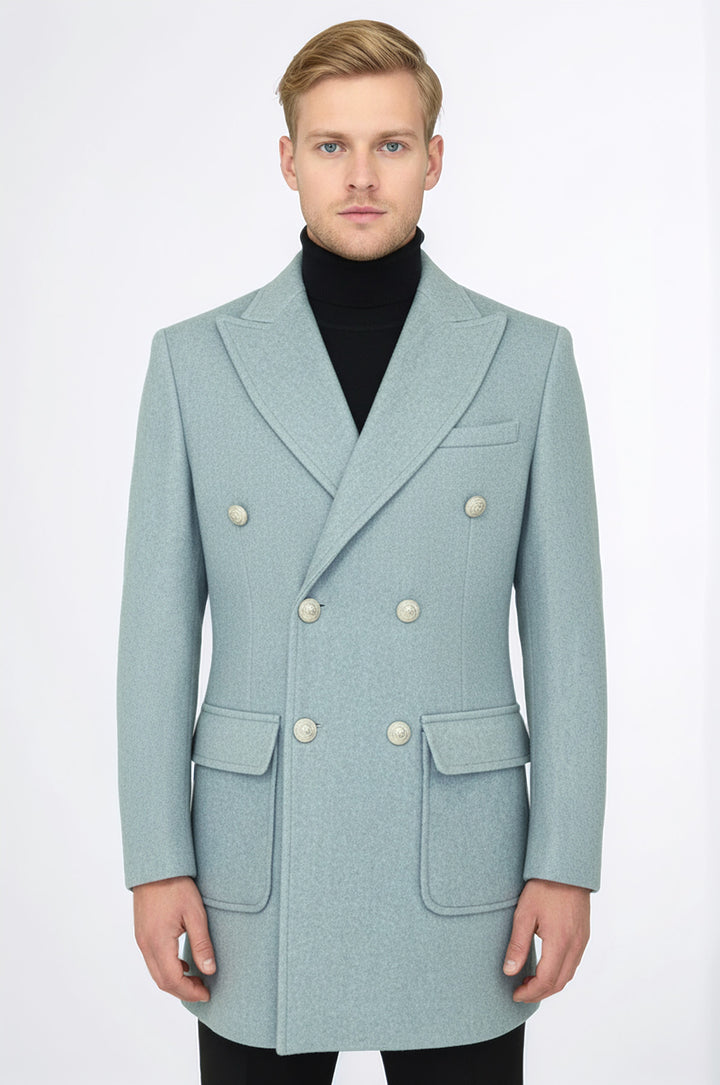 Metal Buttons Wool Cashmere Light Blue Men Double Breasted Coat - Wessi