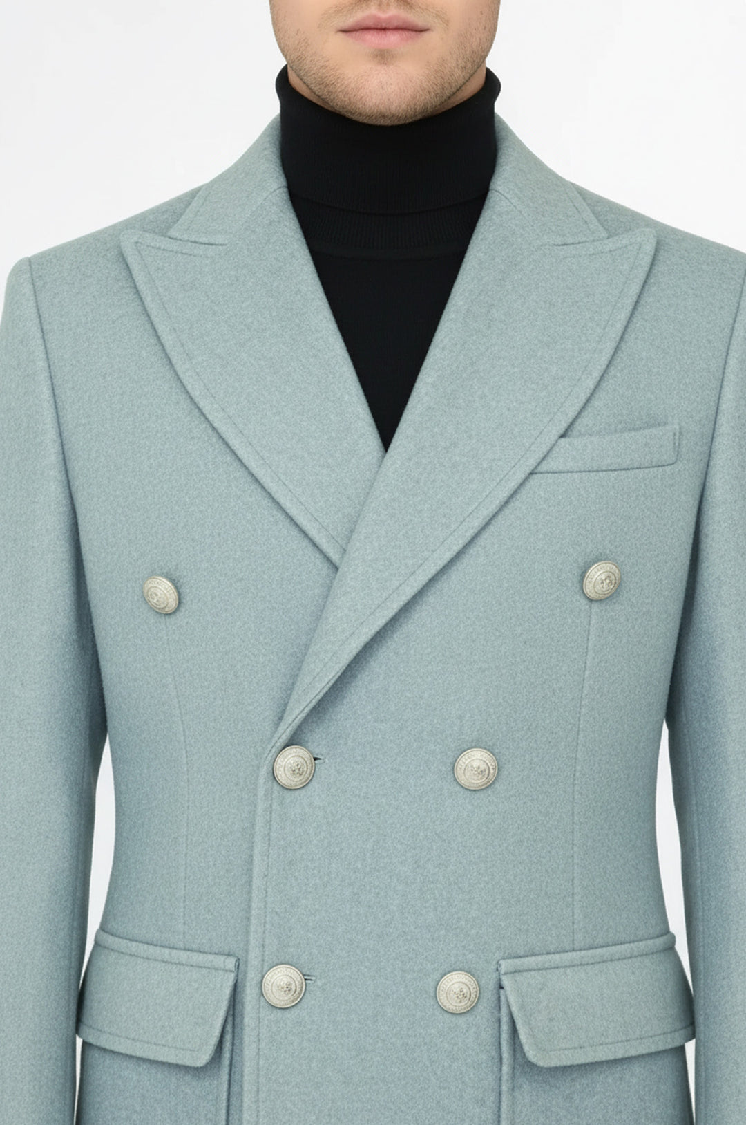 Metal Buttons Wool Cashmere Light Blue Men Double Breasted Coat - Wessi